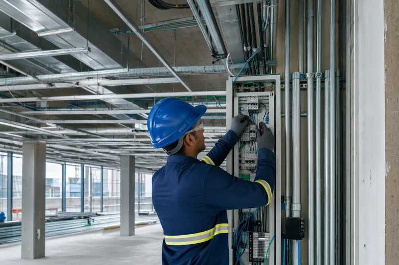 Técnico realizando manutenção preventiva em painel elétrico